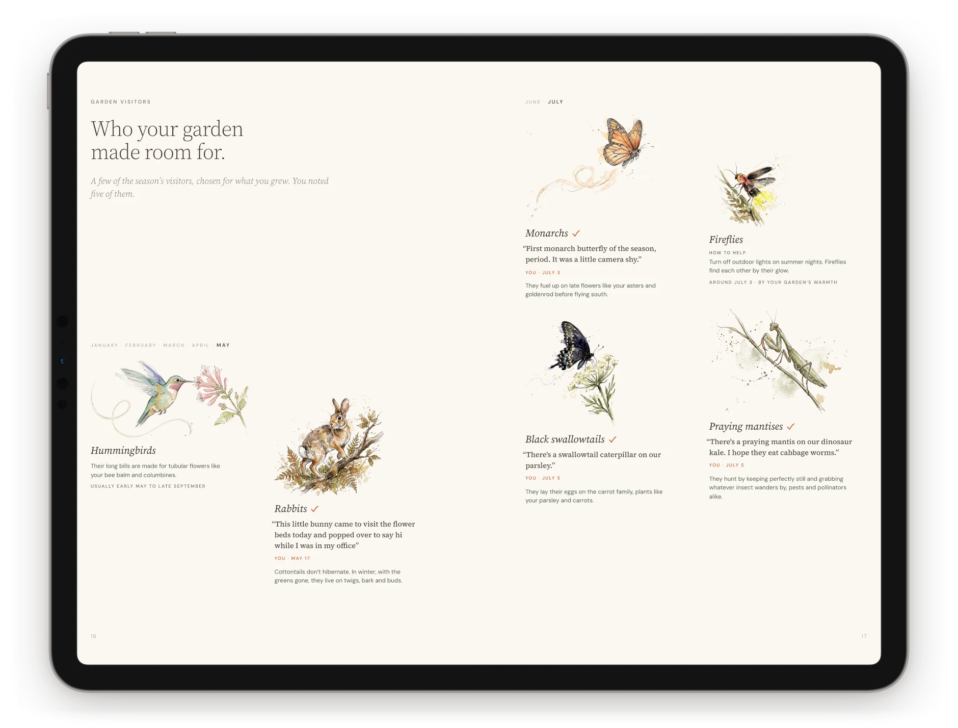 The garden visitors spread of a Percy season on an iPad, titled Who your garden made room for, with illustrations of hummingbirds, a rabbit, monarchs, fireflies, a black swallowtail and a praying mantis beside the gardener's notes