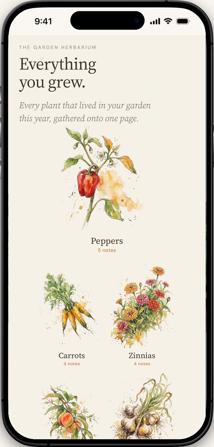 The Garden Herbarium page of a Percy Migration Report: Everything you grew, with illustrations of peppers, carrots and zinnias and the number of notes for each
