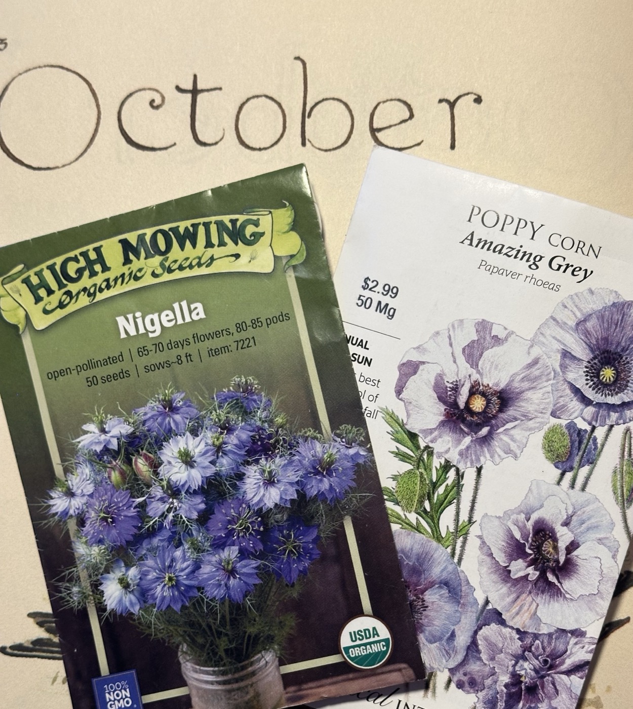 Nigella and 'Amazing Grey' poppy seed packets resting on a garden journal open to October