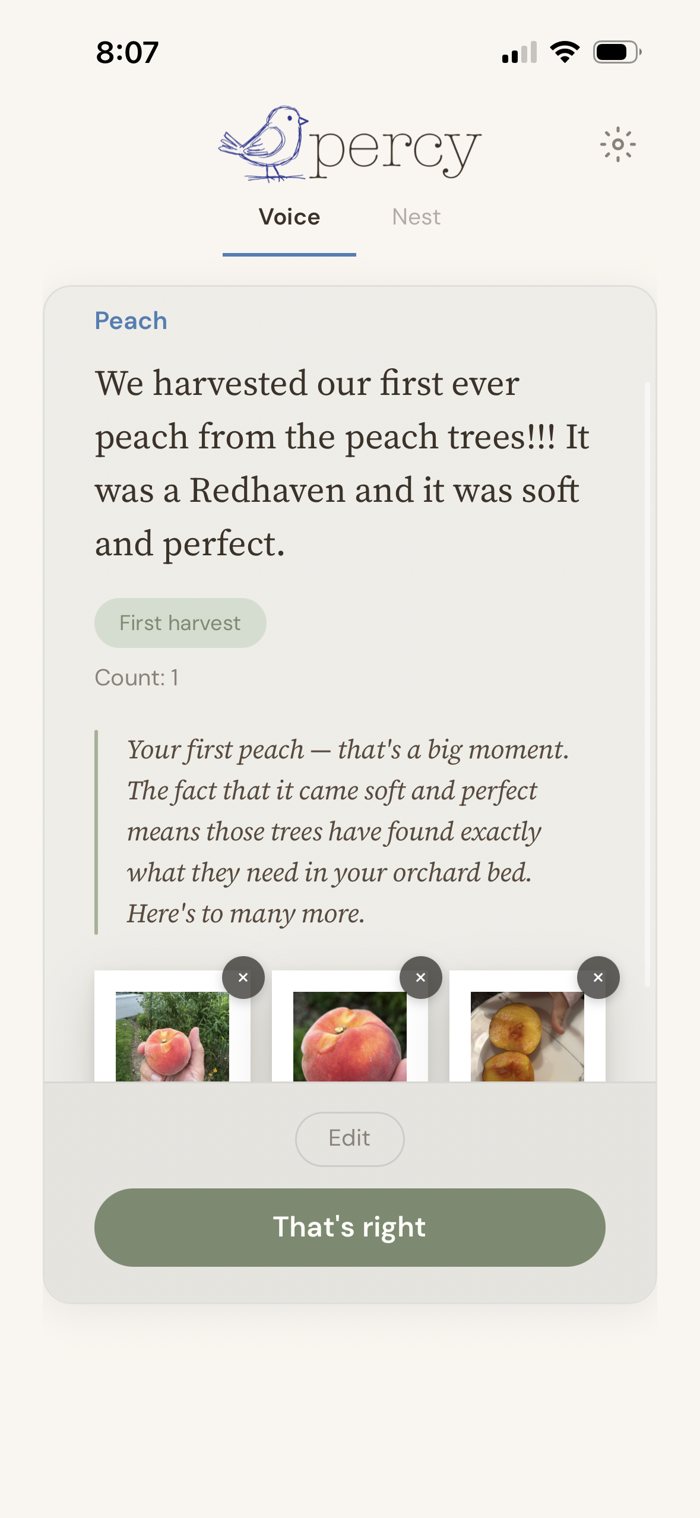 Percy's card for 'We harvested our first ever peach from the peach trees! It was a Redhaven and it was soft and perfect,' tagged First harvest, with three photos
