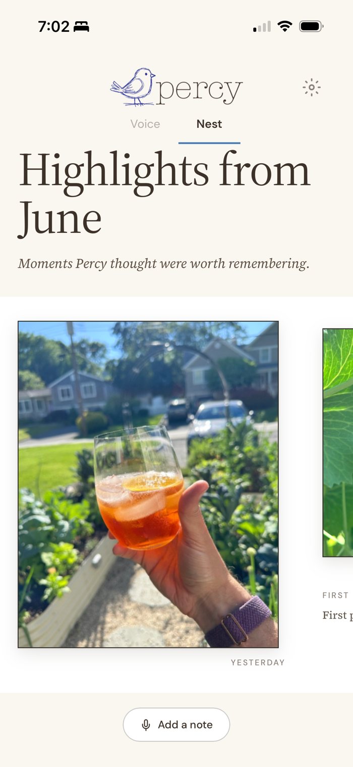 Highlights from June in Percy's Nest: a hand raising an orange drink over the raised beds
