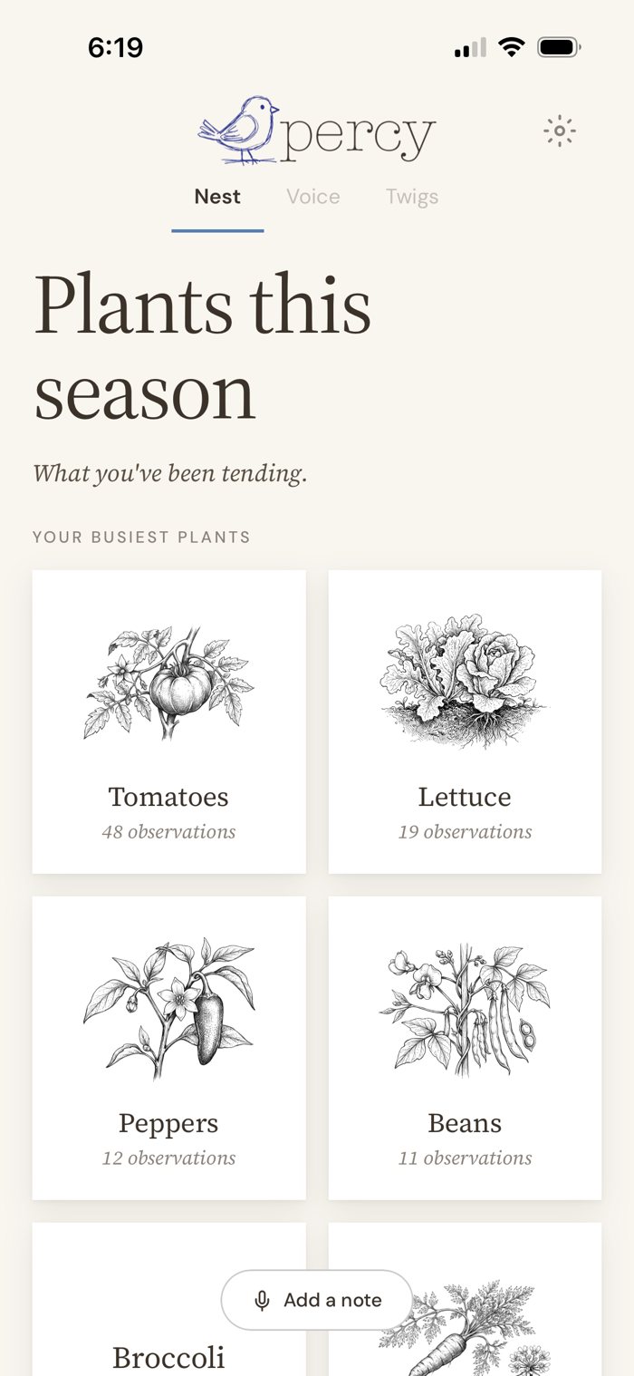 Plants this season in Percy's Nest: a grid of botanical drawings for tomatoes (48 observations), lettuce, peppers and beans