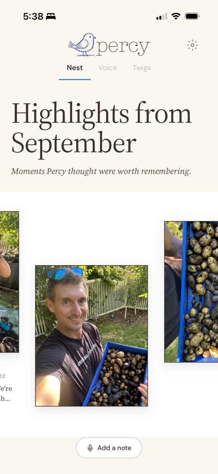 Highlights from September in Percy's Nest: a gardener's selfie holding a blue crate of freshly dug potatoes