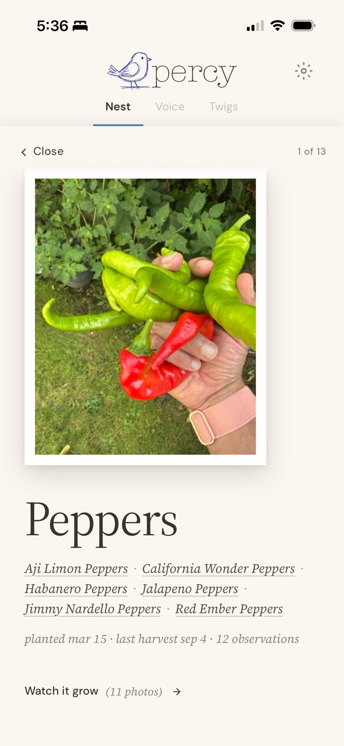 The Peppers chapter in Percy's Nest listing six pepper varieties, planted Mar 15, last harvest Sep 4, 12 observations, with a Watch it grow link showing 11 photos