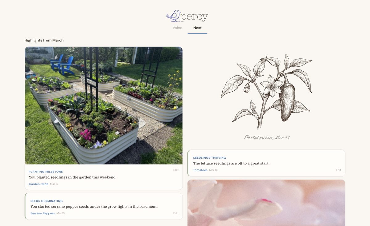 Moments feed showing garden observations with photos